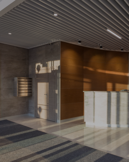 Der Eingangsbereich einer Praxis mit einer Holzwand und der Anmeldung bestehend aus einem Tisch mit Steinverkleidung.